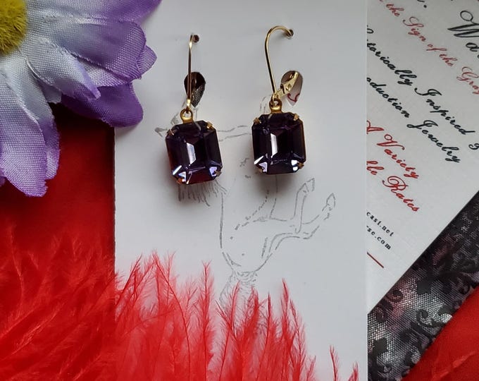 E-0589 - Vintage Lavender Swarovski Crystal Earrings - Baguette Cut, Swarovski Earrings, Purple