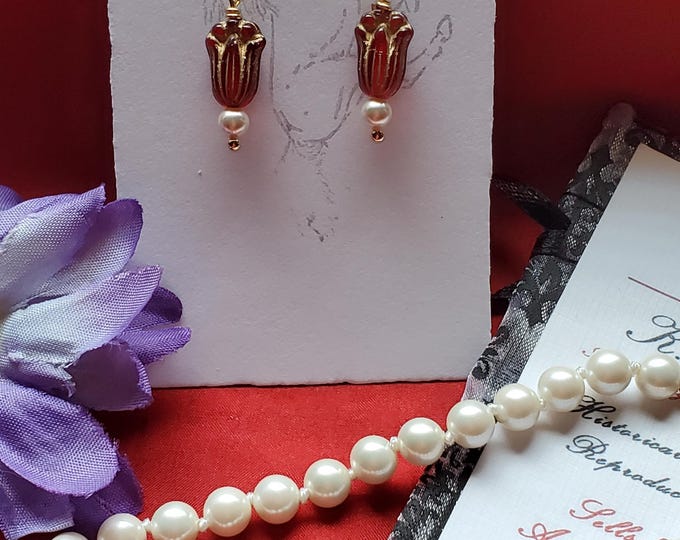 E-0661 - Deep Red Czech Tulip and Swarovski Pearl Earrings - Rococco, Georgian, Victorian, Red