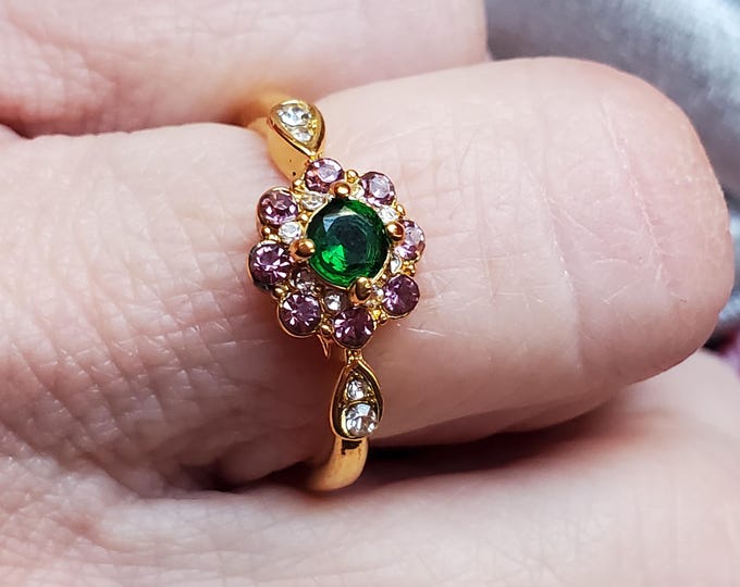 R-0067 - Green and Purple Crystal Forget Me Not Flower Ring - Remembrance, Fidelity