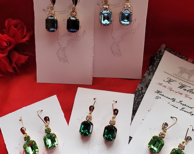 E-0528A - Gold-Filled Earwires or Leverback with Double Drop Round and Square Cut Vintage Swarovski Crystals