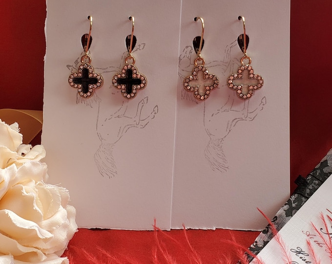 E-0425A - Gold Filled Leverback with Crystal and Enamel Clover Drops - Black or White