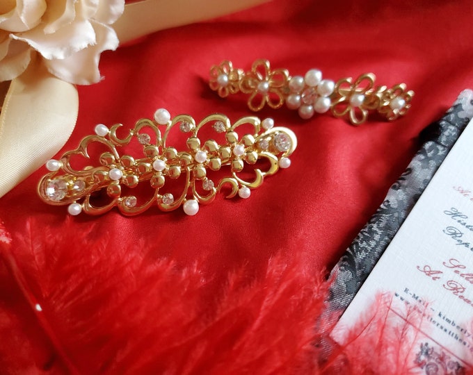 HA-0015 - Gold Crystal and Pearl Barrettes - Wig Decoration, Barrettes, Wedding Hair Ornaments