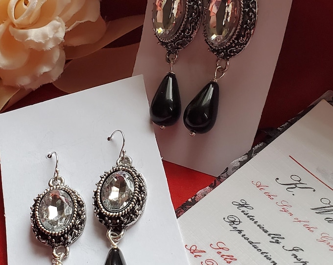 E-0304 - Crystal and Black Teardrop Earrings - Costuming, Living History, Civil War, Victorian, Goth, Memento Mori, Remembrance