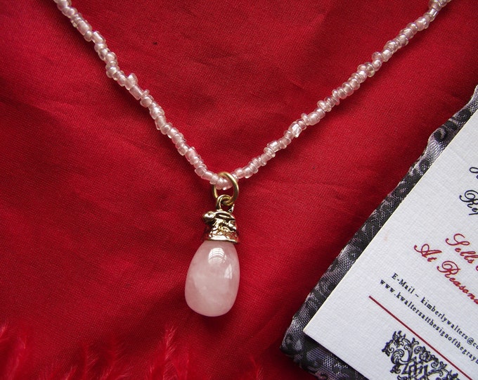 N-0167Q - Pink Quartz Egg Imperial Necklace - 18th Century, 19th Century, Georgian Bow, Rabbit, Museum Reproductions