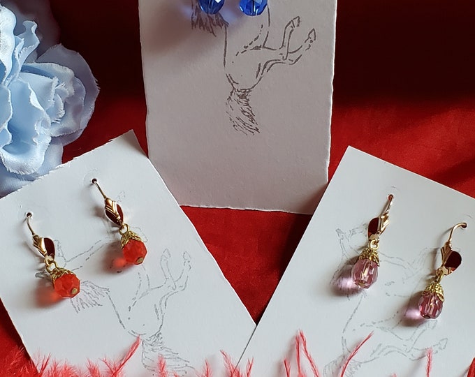E-0594- Small Faceted Glass Earrings - Red, Blue, Pink