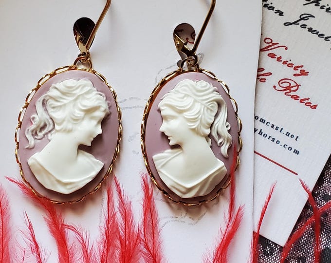 E-0491 - Gold Filled Leverback with Lilac Cameos - Georgian Earrings