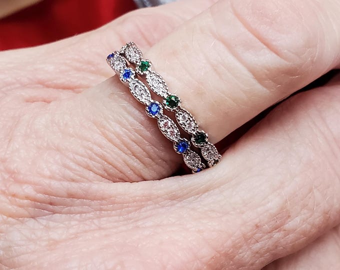 R-0107 - Emerald or Sapphire and Clear Crystal Band