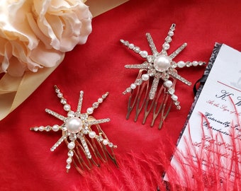 HA-0033A - Pearl and Crystal Star Hair Combs - Regency, Georgian, Empress Sissy