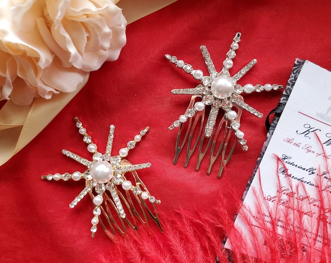 HA-0033A - Pearl and Crystal Star Hair Combs - Regency, Georgian, Empress Sissy
