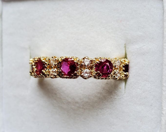 R-0200 - Gold Plated over Brass Red and White Cubic Zirconia Ring - Inspired Martha Style Band, CZ Ring