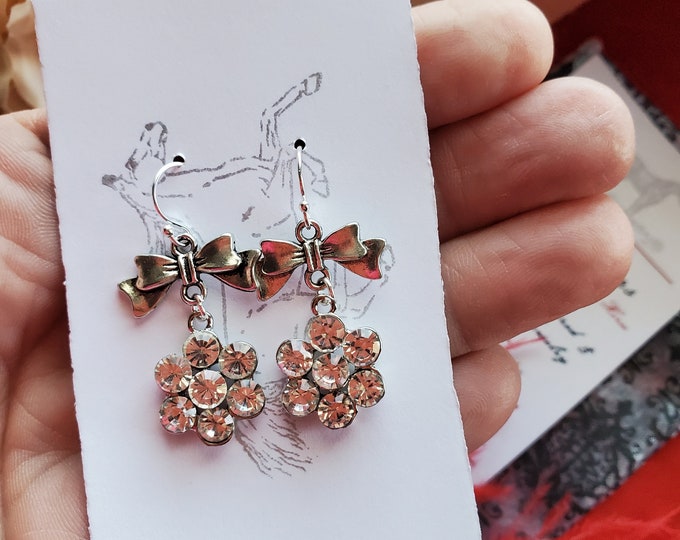 E-0647A - Bow and Forget Me Not Earrings - Georgian Earrings, Regency Earrings, Everyday Earrings, Clear, Sterling