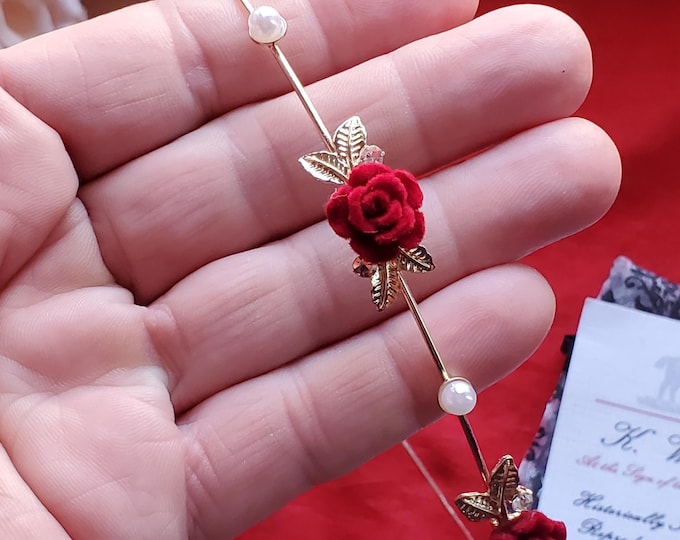 HA-0125C - Minimalist Pearl and Velvet Flower Gold Headband - Sweetheart, Red, White, Regency, Georgian