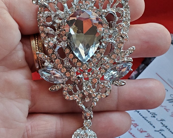 BR-0009 - Silver Rhinestone Stomacher Brooch - Clear, Georgian, Cosplay, Costuming, LARP