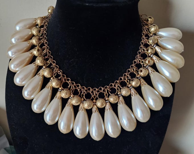 N-0001 - Statement Antique Glass Pearl Chain Bib Necklace