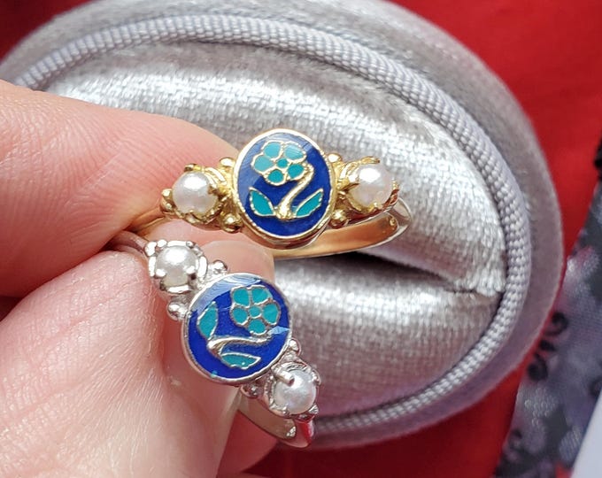 R-0094 - Forget Me Not Blue Enamel and Freshwater Pearl Ring, Georgian, Regency, Civil War Renaissance