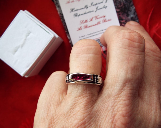 R-0004- Sterling Silver and Enameled Skeleton Memento Mori Ring with Red Rock Crystal Coffin Ring, Memorial Ring, Steampunk, Goth, Skull