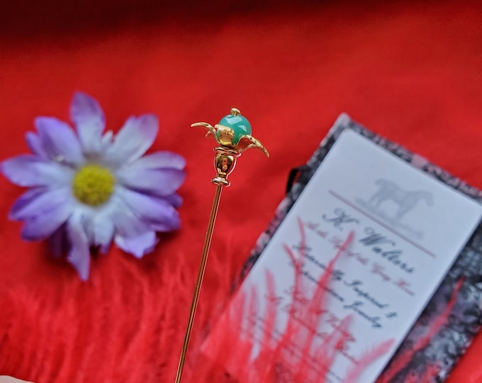 HA-0108A - 6 inch Gold Hat Pin with Vintage Flower Element and Blue Swirl Agates