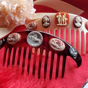 HA-0045 - Neoklassisk Vintage Cameo Hårkam Regency Diadem Tiara, Hästar, Dam, Grekisk, Klassisk, Romersk, Brun, Blond
