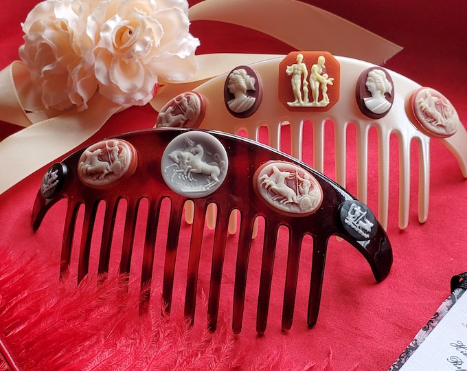 HA-0045 - Neoclassical Vintage Cameo Hair Comb Regency Diadem Tiara, Horses, Lady, Greek, Classical, Roman, Brown, Blonde