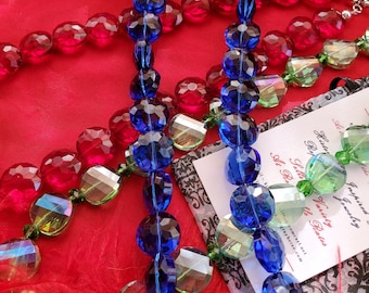 N-0072C - Glass Faceted Round Beaded Necklace with a Silver Heart Toggle Clasp - Green, Red, Blue