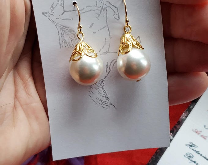 E-0540A - Gold-Filled Earrings with Large Round Vintage Pearls - 17th Century Pearls, Girl with a Pearl Earring, Georgian Pearl, Regency
