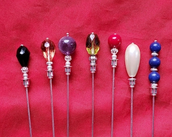 HA-0105X - 8 inch Silver Hat pins with Beads - 20 Gauge