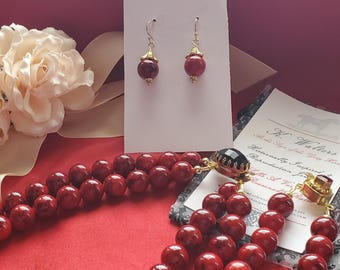 N-0065A and E-0065A - Red Dyed Quartz Round Bead Necklace and Earrings - Georgian, Victorian, Renaissance, Regency