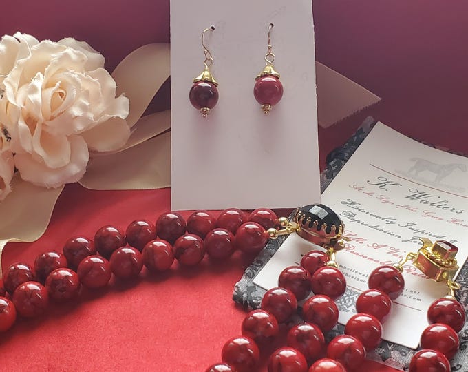 N-0065A and E-0065A - Red Dyed Quartz Round Bead Necklace and Earrings - Georgian, Victorian, Renaissance, Regency