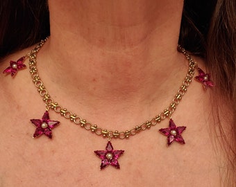 N-0162D- Crystal and Pearl Flower Chain Necklace - Grecian, Italian, Regency, Georgian Necklace