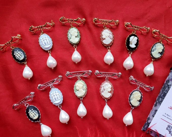 BR-0051 - Brass Bow Pin with Cameo or Reverse Lady Intaglio and South Sea Shell Pearl Drop - Georgian Brooch, Regency Brooch