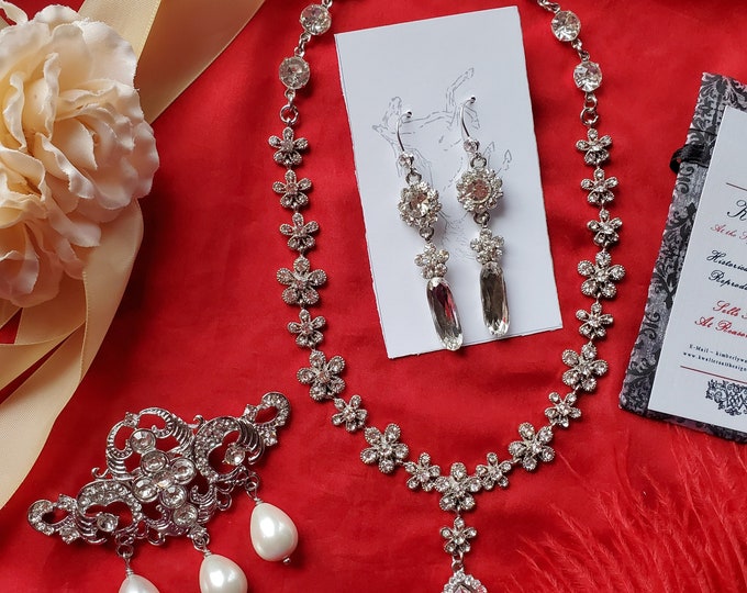 S-0020 - Vintage Style Rhinestone Necklace, Earrings, and Brooch - Mini Parure