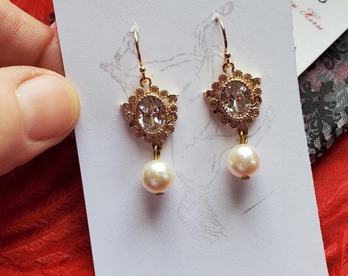 E-0107 - Crystal Teardrop and Vintage Glass Pearl Earrings - Georgian, Regency, Wedding, Prom, Special Occasion