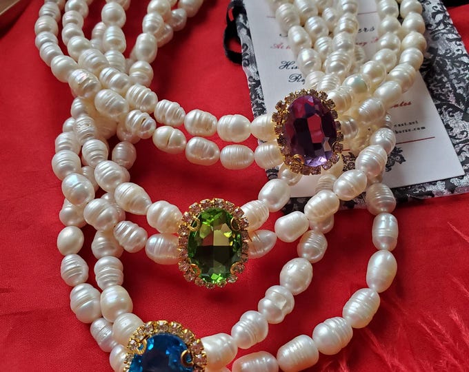 N-0071 - Crystal and Pearl Double Strand Necklace - Georgian, Victorian, Regency, Federalist, Peridot, Aquamarine, Amethyst