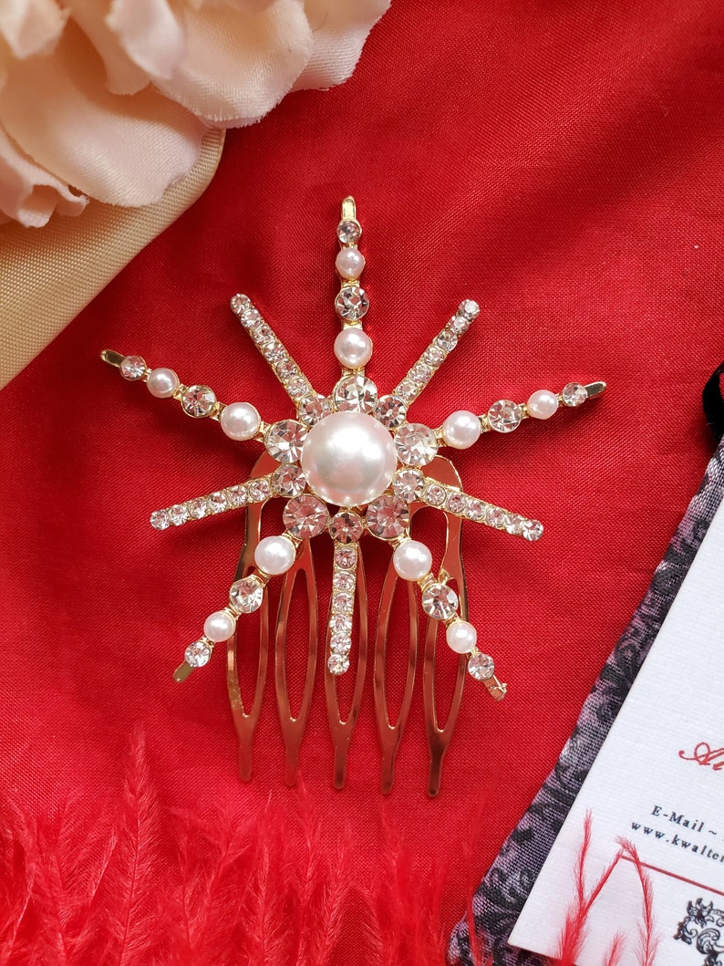 HA-0033A - Pearl and Crystal Star Hair Combs - Regency, Georgian, Empress Sissy