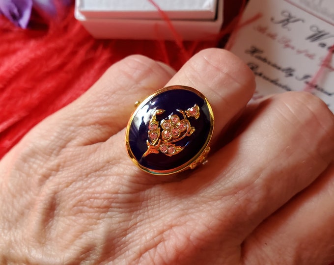 R-0071 - Royal Blue Enamel Statement Ring - Bagues de Birmament, Rhinestone Floral, Blue, Midnight Blue Enamel, Georgian, Stars of the Sky