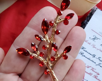 BR-0152 - Red Rhinestone Leaf Brooch - Hair Spring, Brooch, Hat Brooch, Scarf Brooch, Floral Pin
