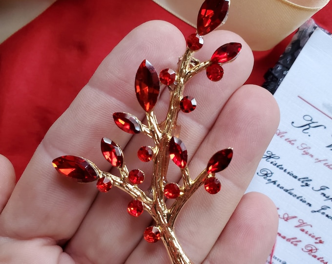 BR-0152 - Red Rhinestone Leaf Brooch - Hair Spring, Brooch, Hat Brooch, Scarf Brooch, Floral Pin