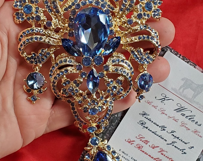 BR-0016B - Sapphire Crystal Georgian Brooch - Weddings, Prom, Stomacher Brooch, Living History, Statement, Blue