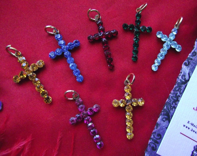 Item PE-0085 - 1-1/4 inch Vintage Brass and Crystal Cross