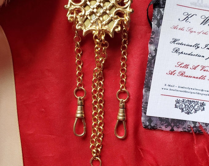 C-0015 - Ladies Shield Style Brass Watch Chain with Flower, 18th Century Equipage, Chatelaine, Pocket, Hook
