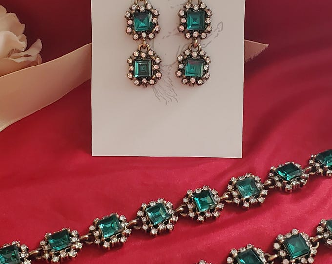 N-0155 - Emerald and Green Crystal Collet Necklace - Empress Josephine, Marie Antoinette, 18th Century, Regency