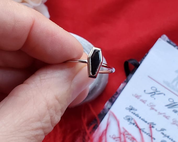 R-0092 -Sterling Silver and Black Agate Coffin Ring - Mourning, Goth, Steampunk, Memorial, Halloween, All Hallows