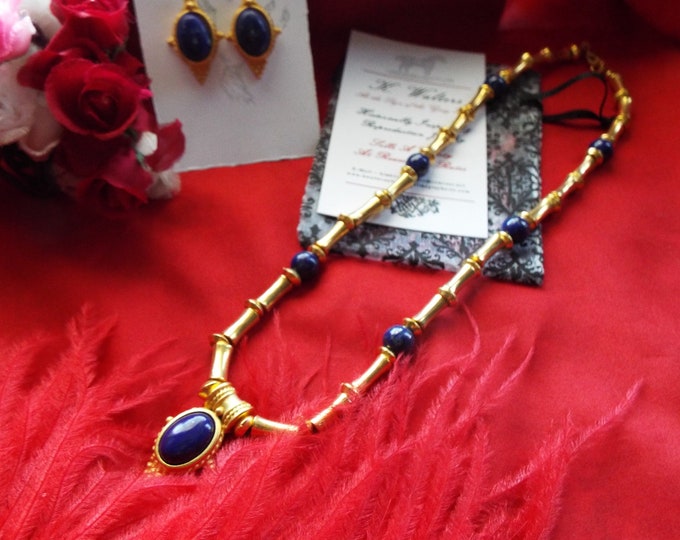 N-0162E - Classic Lapis Lazuli Necklace and Earrings- Egyptian Revival, Regency, Art Deco, Museum Reproductions