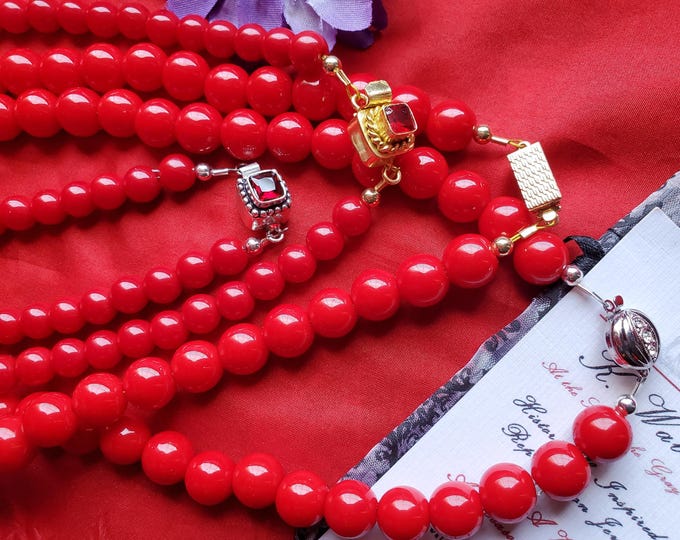 N-0065E - Regency Red Coral Round Bead Necklace and Bracelets - Georgian Red Coral, Victorian, Renaissance Red Coral, Regency