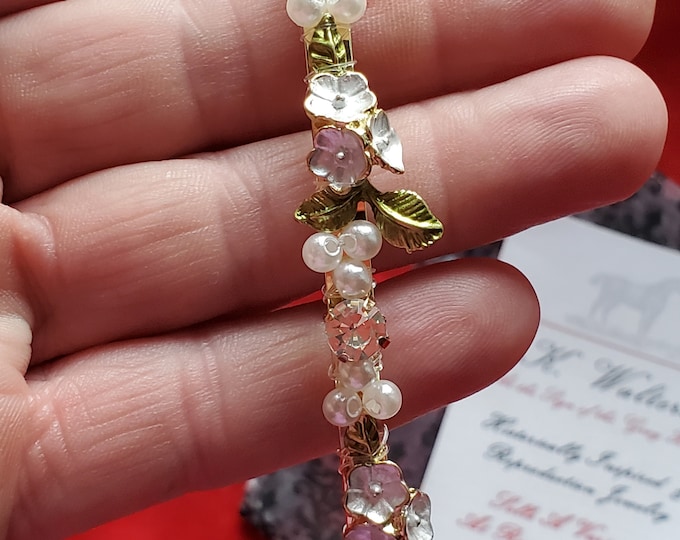 HA-0125A - Pearl and Enamel Leaves and Flower Gold Headband - Sweetheart, Green, White, Regency, Georgian