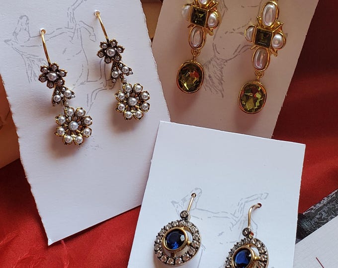 E-0008 - Glass Pearl, Halo Crystal Sapphire, or Crystal Peridot Historically Inspired Earrings
