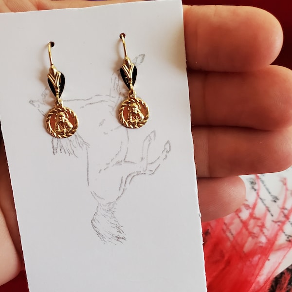 E-0543 - Gold-Filled Sacred Heart Drops, Regency Earrings, Reenactor Earrings, Georgian Earrings