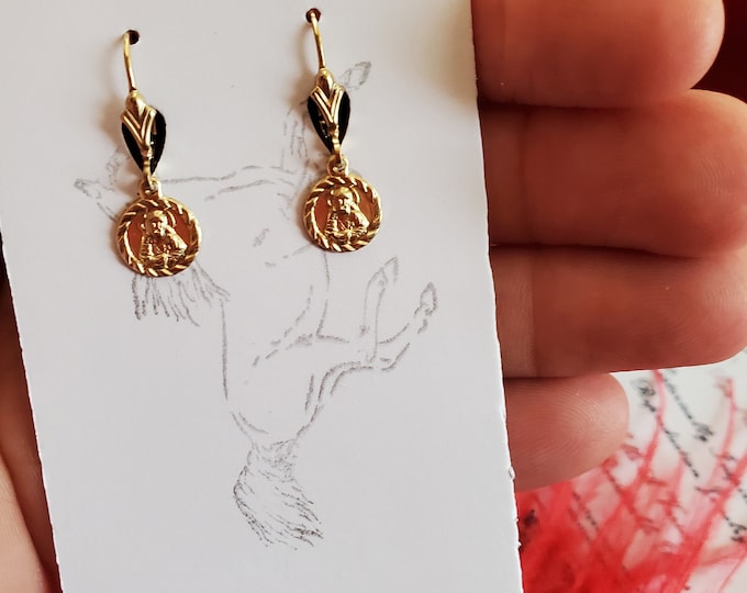 E-0543 - Gold-Filled Sacred Heart Drops, Regency Earrings, Christian, Religious, Medal Earrings