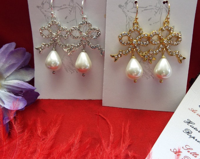E-0580P - Rhinestone Georgian Bow Earrings with South Sea Shell Pearl Drops - Georgian Bow Earrings, Georgian Earrings, Georgian Paste