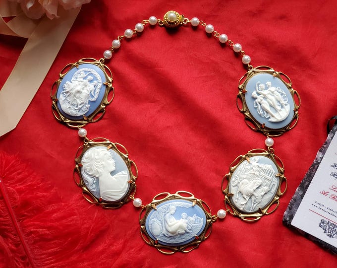 N-0073 - Large Reproduction Cameo Necklace with Pearl Slide Clasp Necklace - Bonaparte, Napoleon, Jane Austen, Statement